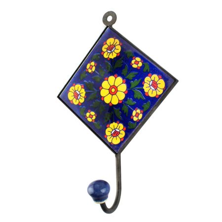 Navy Blue With Yellow Tiny Flower Ceramic Tiles Hooks 